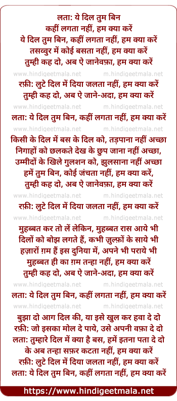lyrics of song Ye Dil Tum Bin Kahin Lagta Nahin, Ham Kya Kare
