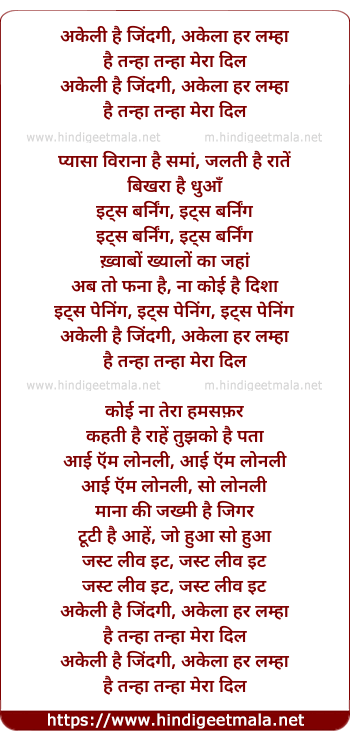 lyrics of song Akeli Hai Zindagi