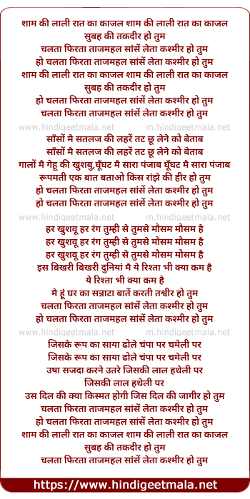 lyrics of song Chalta Phirta Taj Mahal