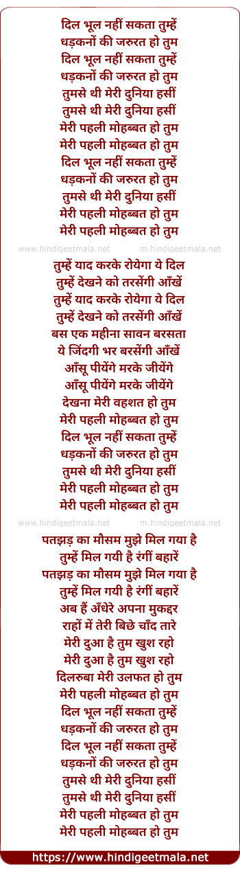 lyrics of song Dil Bhul Nahee Sakta Tumhe