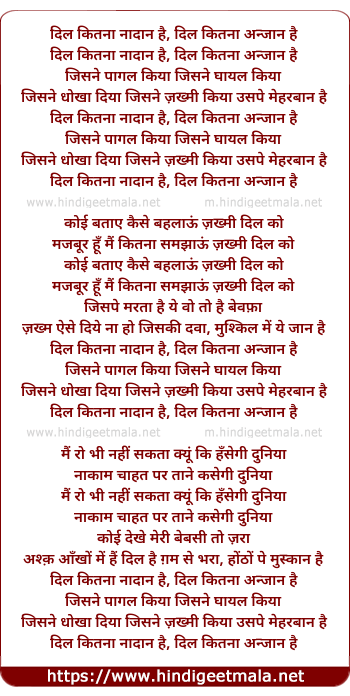 lyrics of song Dil Kitna Nadan Hai Dil Kitna Anjaan Hai