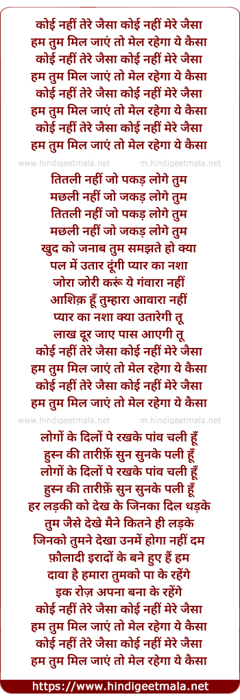 lyrics of song Koyi Nahi Tere Jaisa