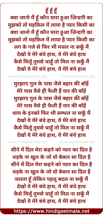 lyrics of song Kya Jano Mai Hu Kaun (Dekho Ye Mere Bhandhe Hath)