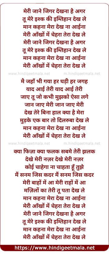 lyrics of song Meree Jane Jigar Dekhna Hai Agar