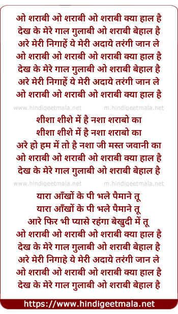 lyrics of song O Sharaabee Kya Haal Hai