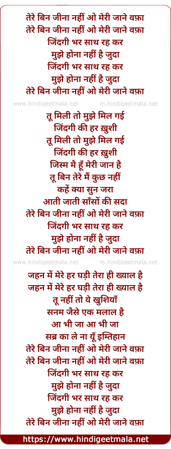 lyrics of song Tere Bin Jina Nahi, O Meri Jaane Wafa