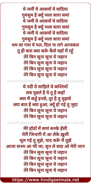 lyrics of song Tere Bin Suna Suna Yeh Jahaan