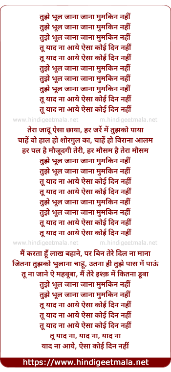 lyrics of song Tu Yad Na Aaye Aaisa Koi Din Nahi