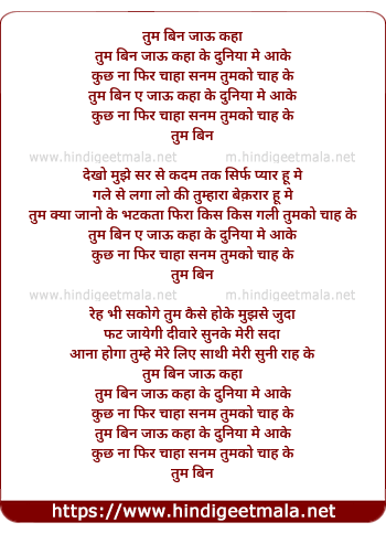 lyrics of song Tum Bin ,Jaaoon Kahan