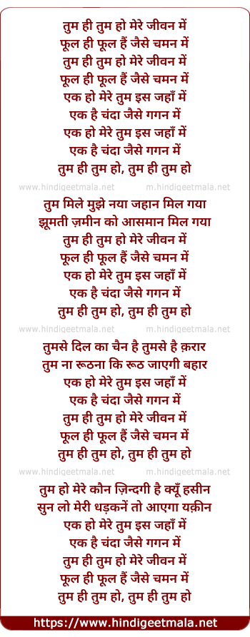lyrics of song Tum Hee Tum Ho Mere Jivan Me