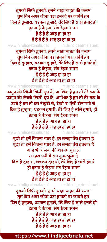 lyrics of song Tumko Sirf Tumko Hamne Chaha