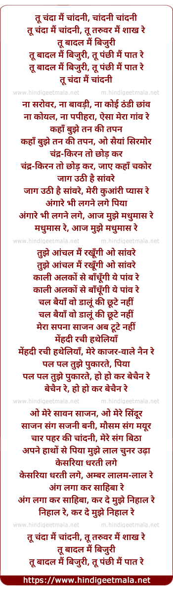 lyrics of song Tu Chandaa Main Chaandani