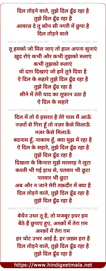 lyrics of song Dil Todne Vale, Tujhe Dil Dhundh Raha Hai