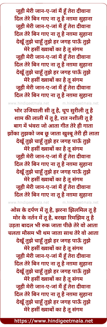 lyrics of song Juhi Meri Jaan E Jaan Main Hun Teraa Divaanaa