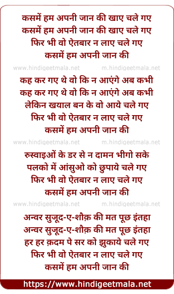 lyrics of song Kasme Ham Apni Jaan Ki Khaaye Chale Gaye