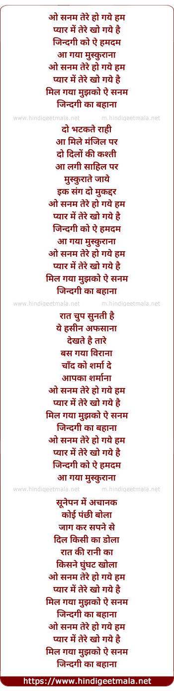 lyrics of song O Sanam Tere Ho Gae Ham Pyaar Me Tere Kho Gae Ham