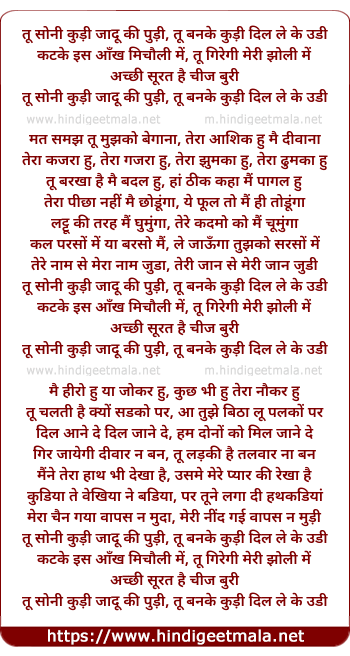 lyrics of song Tu Soni Kudi Jaadu Ki Pudi, Tu Banke Kudi Dil Le Ke Udi