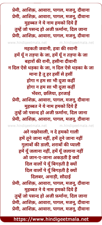 lyrics of song Premi Aashiq Aavara Pagal Majnu Divana