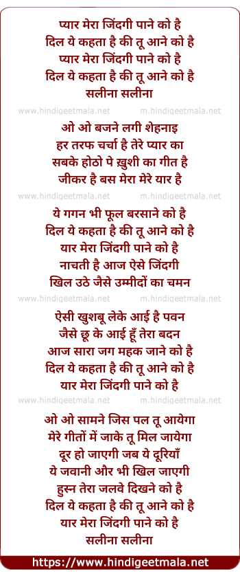 lyrics of song Pyar Mera Zindgi Pane Ko Hai
