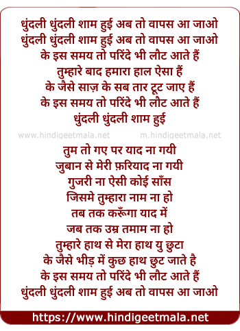 lyrics of song Dhundhli Dhundhli Shaam Hui Ab To Waapas Aa Jaao