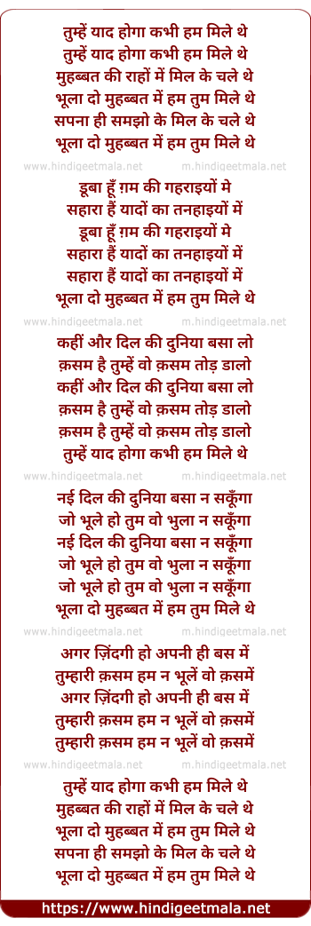 lyrics of song Tumhe Yaad Hoga Kabhi Hum Mile The