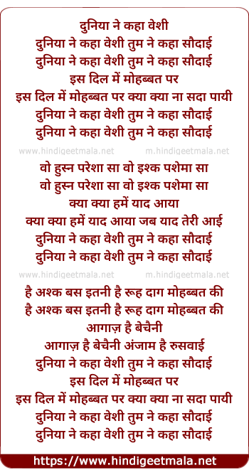 lyrics of song Duniya Ne Kaha Vahshi Tum Ne Kha Saudai