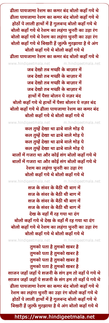 lyrics of song Dhila Payjamaa