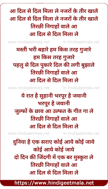 lyrics of song Aa Dil Se Dil Mila Le Nazron Ke Teer Khale