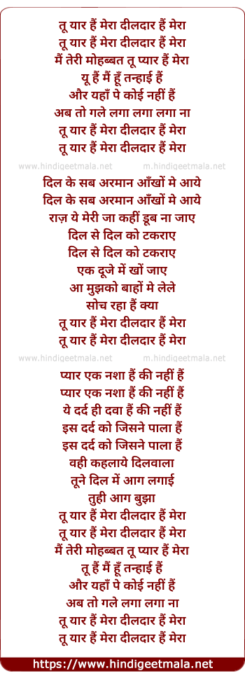 lyrics of song Tu Yaar Mera Dildar Mera