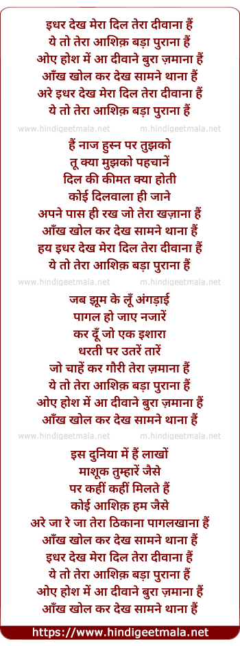 lyrics of song Idhar Dekh Mera Dil Tera Diwana Hai