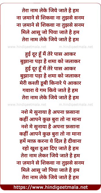 lyrics of song Tera Naam Leke Jiye Jaate Hai Hum