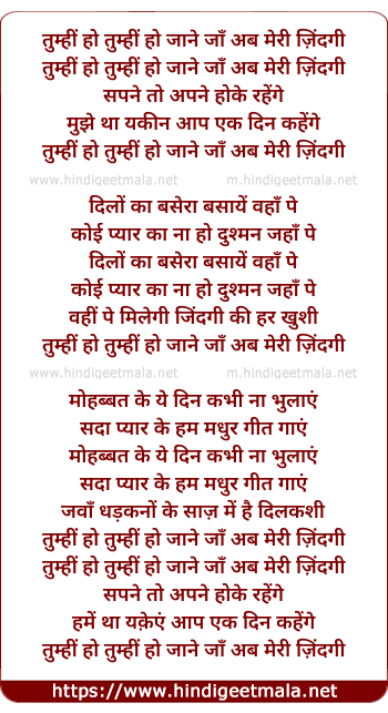 lyrics of song Tumhi Ho Tumhi Ho Jane Jaan Ab Meri Jindagi