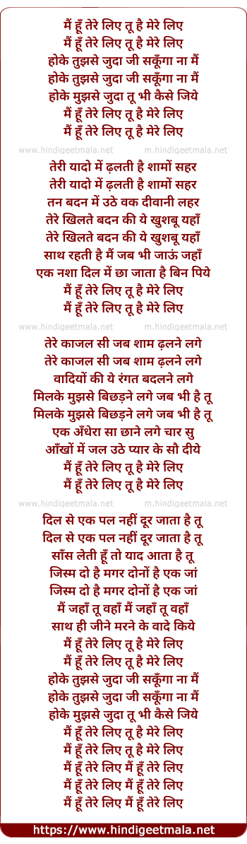 lyrics of song Mai Hu Tere Liye, Tu Hai Mere Liye (Male)