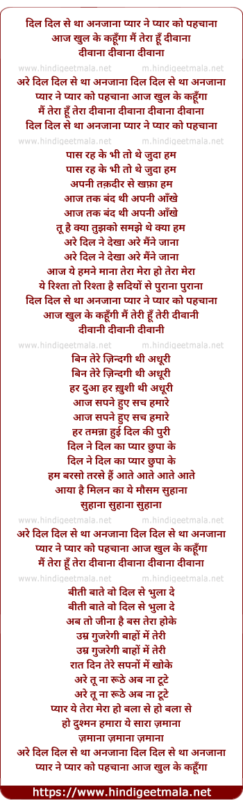 lyrics of song Dil Dil Se Tha Anjana Pyar Ne Pyar Ko Pehchana