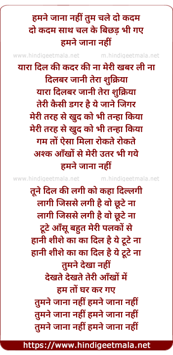 lyrics of song Humne Jaana Nahi Tum Chale Do Kadam