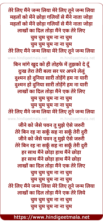 lyrics of song Tere Liye Maine Janam Liya, Mere Liye Tune Janam Liya