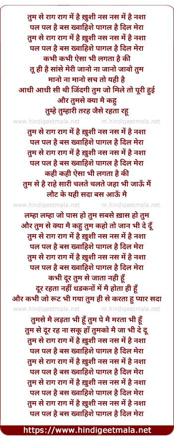 lyrics of song Tum Se Rag Rag Me Hai Khushi