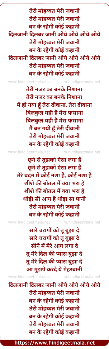 lyrics of song Teri Mohabbat Meri Jawani