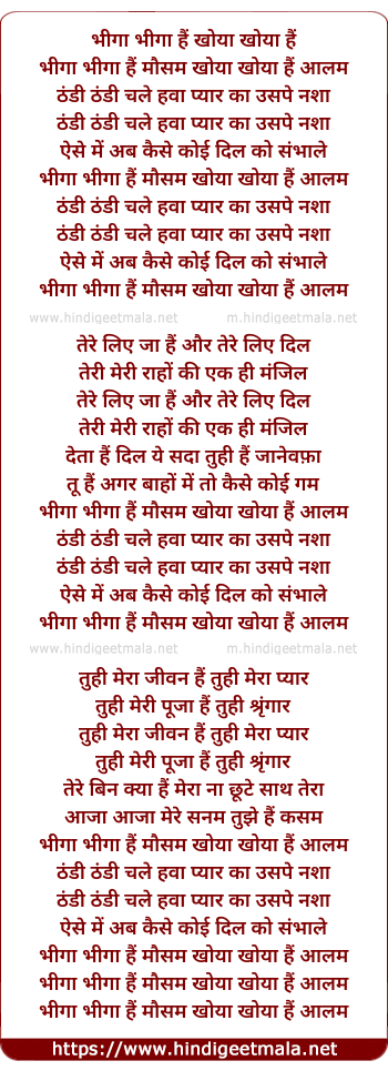 lyrics of song Bheega Bheega Hai Mausam, Khoya Khoya Hai Aalam