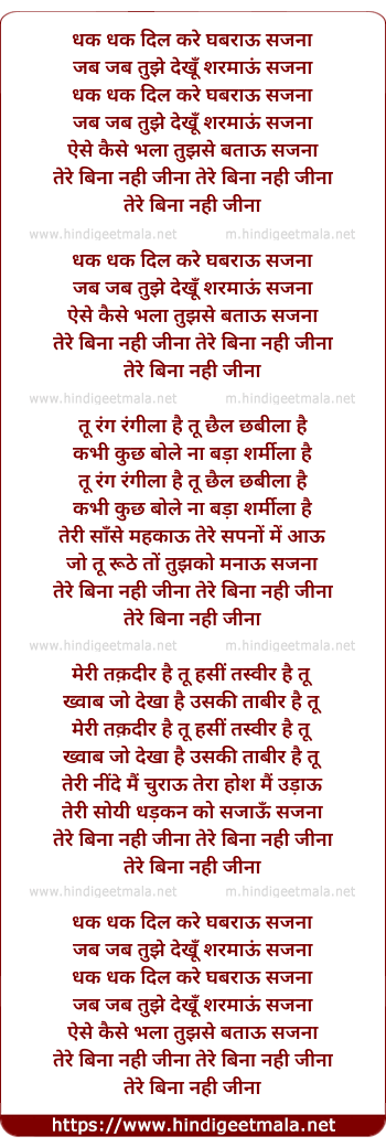 lyrics of song Tere Bin Nahin Jeena