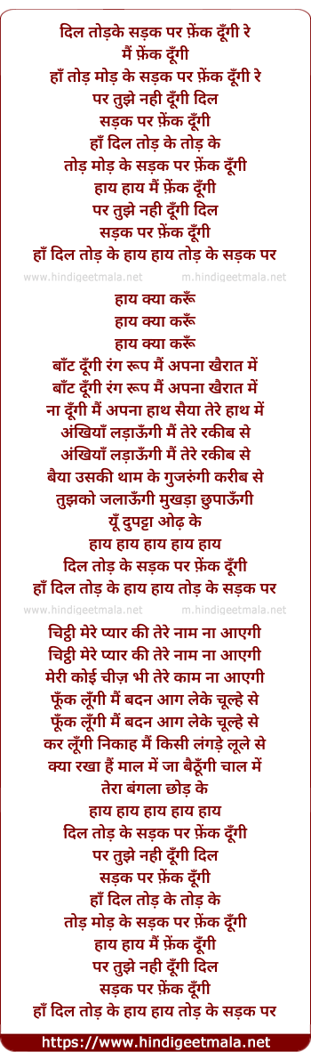 lyrics of song Dil Todke Sadak Par Phenk