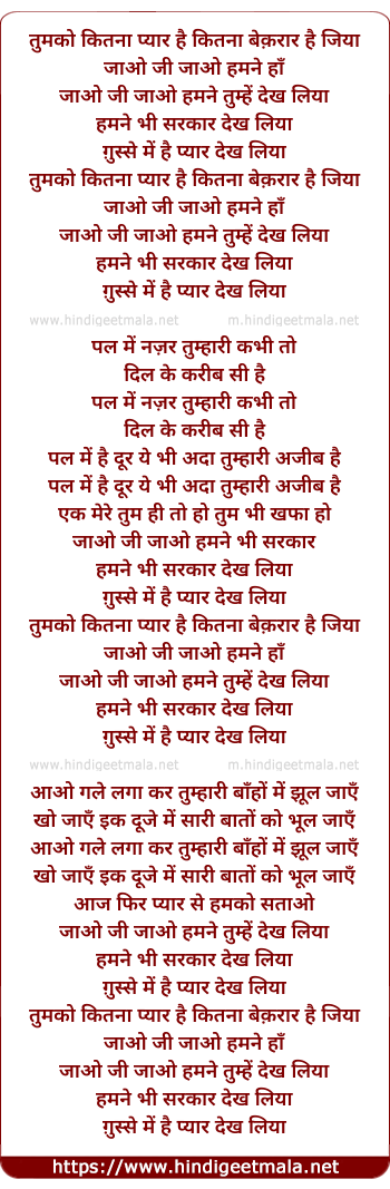 lyrics of song Tumko Kitna Pyaar Hai Kitna Bekrar Hai Jiya