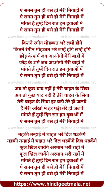 lyrics of song Ae Sanam Tum Hi Base Ho Meri Nigaho Me