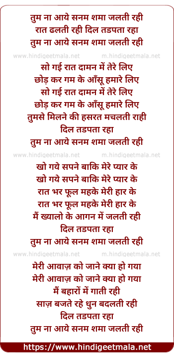 lyrics of song Tum Na Aaye Sanam Shama Jalti Rahi