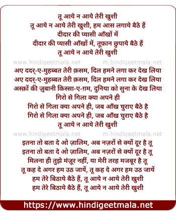 lyrics of song Tu Aaye Na Aaye Teri Khushi