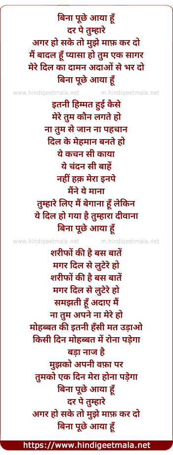 lyrics of song Bina Puchhe Aaya Hu
