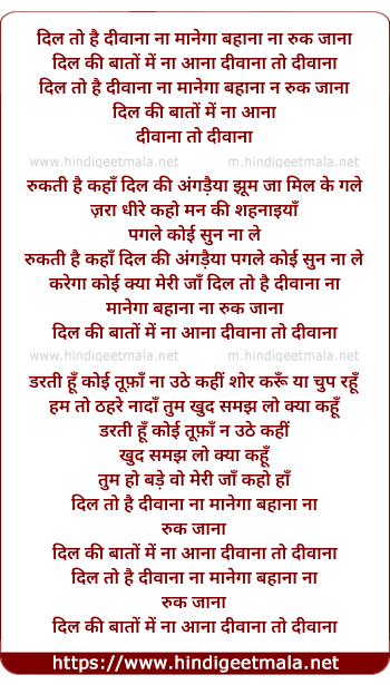 lyrics of song Dil To Hai Diwana Na Manega Bahana Na Ruk Jana