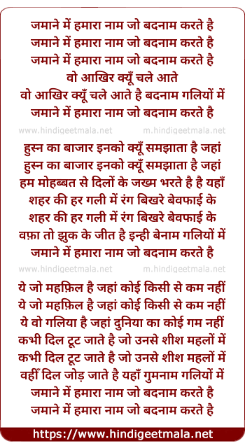 lyrics of song Zamane Me Hamara Nam Jo Badnam Karte Hai