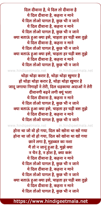 lyrics of song Ye Dil Deewana Hai Kahna Na Mane