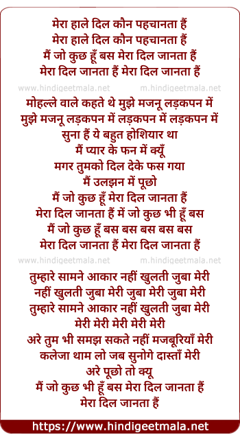 lyrics of song Mera Haale Dil Kaun Pehchanta Hai